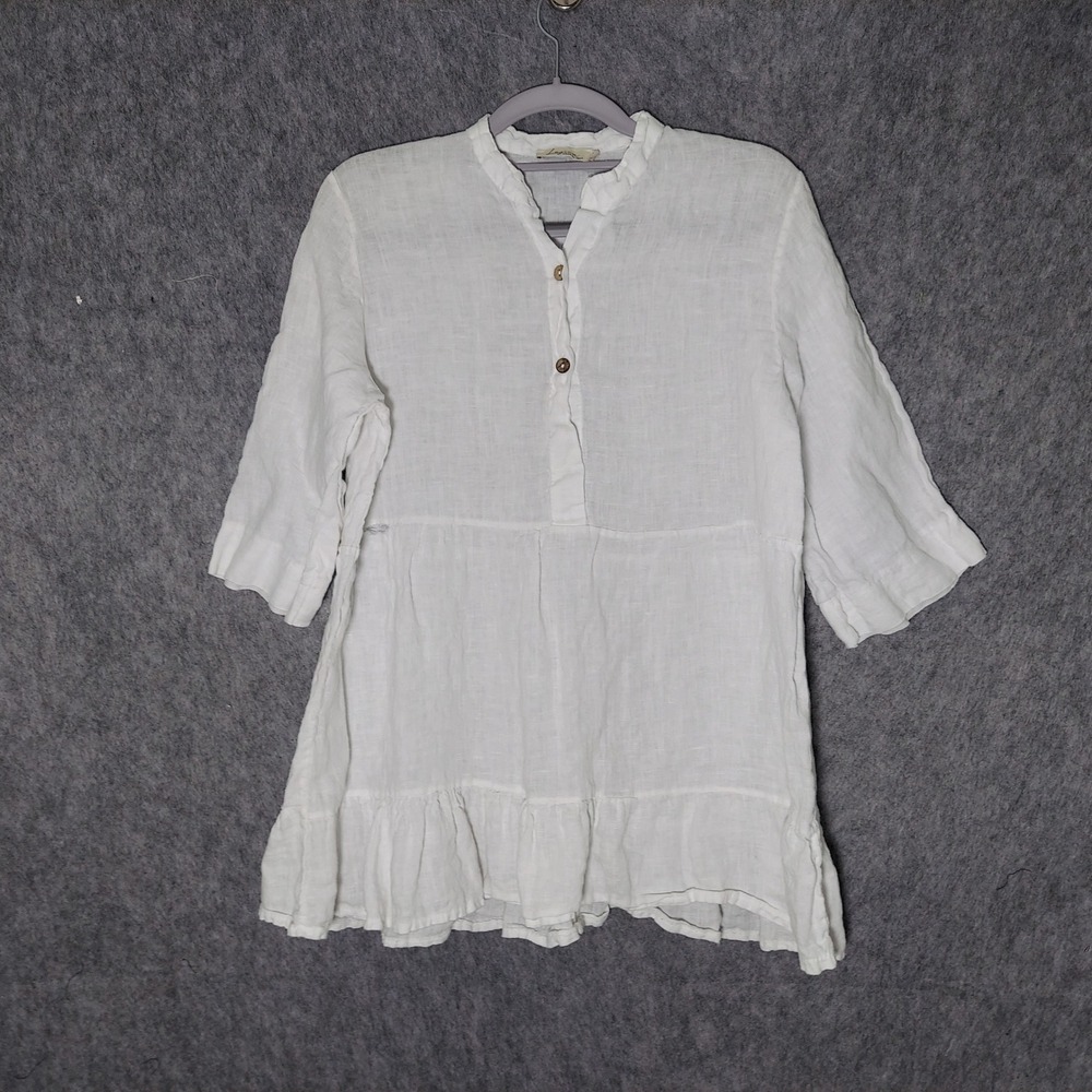 Logica Women 100% Linen Tunic S White Coastal Grandma Ruffle Hem Made in Italy